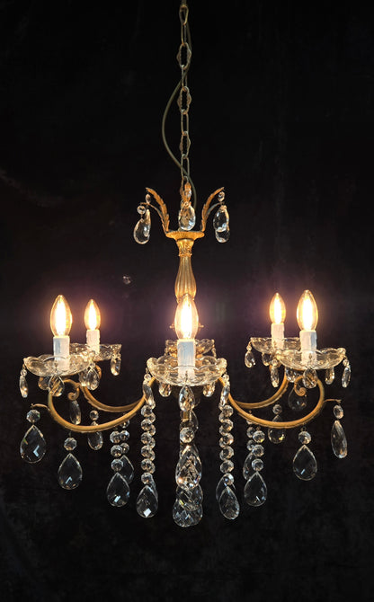Gorgeous Heavy Vintage Italian 6 Arm Brass Leaf Crystal Chandelier Ceiling Light