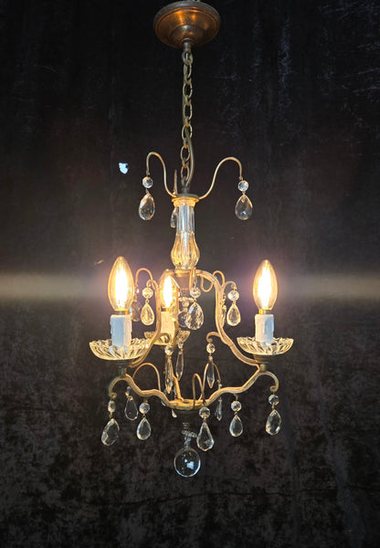 Lovely Petite Antique French 3 Arm Cage Brass Crystal Chandelier Ceiling Light