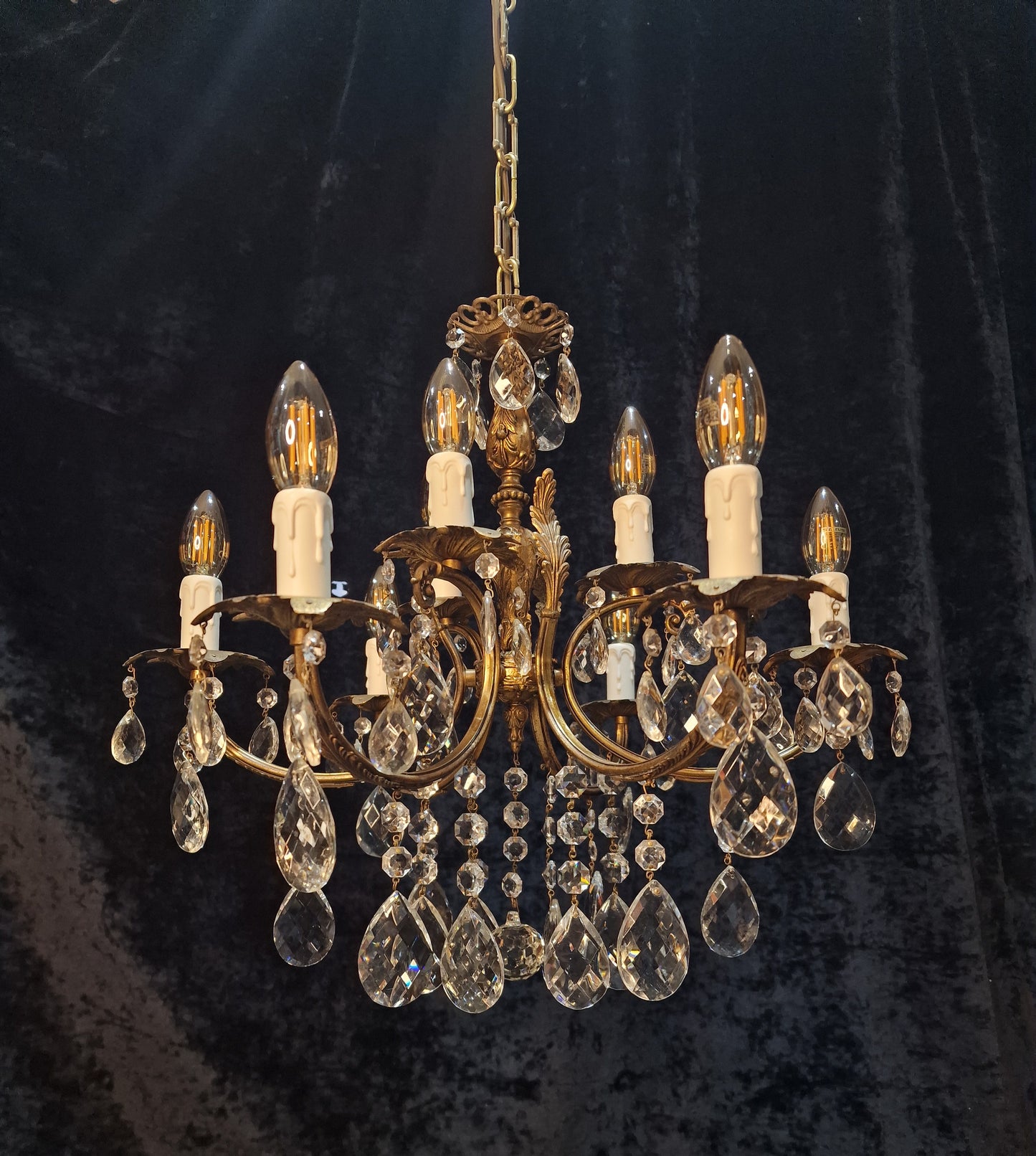 Stunning Antique French 6 Arm 9 Light Heavy Brass Crystal Leaf Chandelier