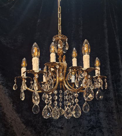 Stunning Antique French 6 Arm 9 Light Heavy Brass Crystal Leaf Chandelier