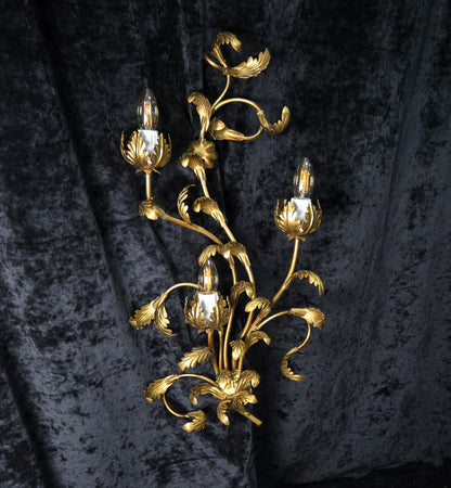 Beautiful Large Vintage Italian 3 Light Gilded Toleware Florentine Sconce Light