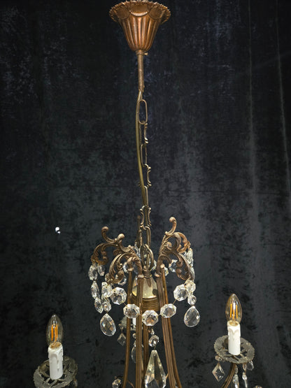 Beautiful Vintage Italian 5 Arm Brass Crystal Cage Chandelier Ceiling Light