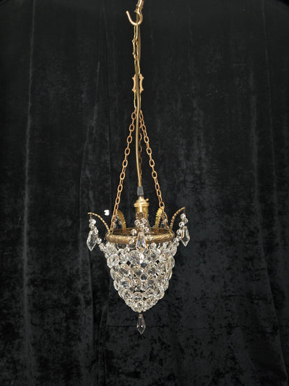 Beautiful Antique French Crystal Bag Brass Leaf Chandelier Ceiling Light