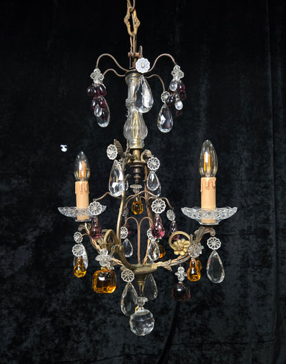 Exquisite Antique French 2 Arm Caged Murano Crystal Brass Chandelier Light