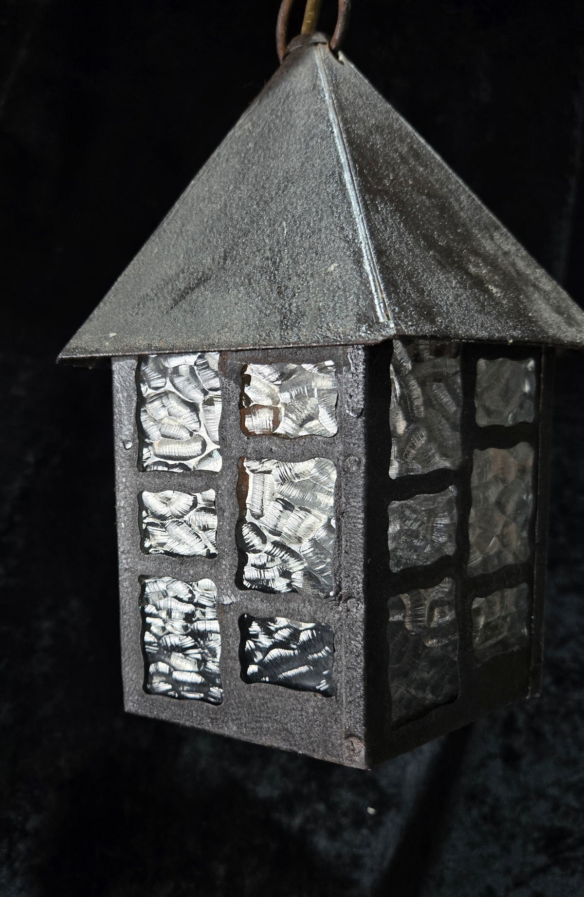Lovely Vintage French Wrought Iron Gothic Lantern Light with Textured Glass