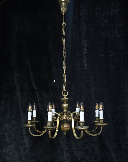 Classical Vintage Polished Brass Large 8 Arm Flemish Style Chandelier Light