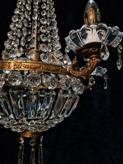 Traditional Antique French 5 Arm 6 Light Crystal Brass Montgolfiere Chandelier