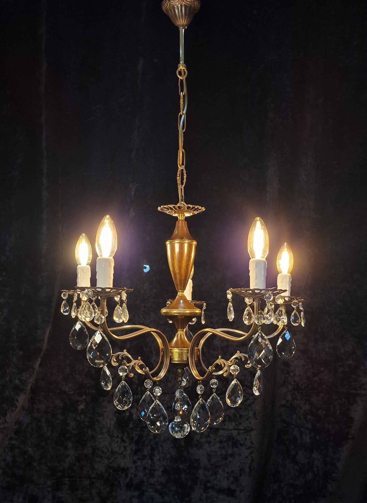 Beautiful Vintage Italian 5 Arm Brass Crystal Chandelier Ceiling Light