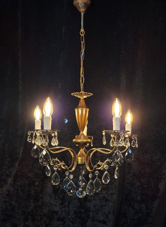 Beautiful Vintage Italian 5 Arm Brass Crystal Chandelier Ceiling Light