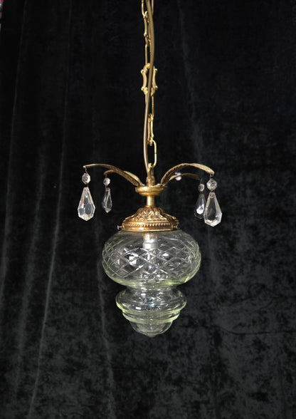 Lovely Vintage Clear Cut Glass Brass Crystal Leaf Hall Lantern Pendant Light