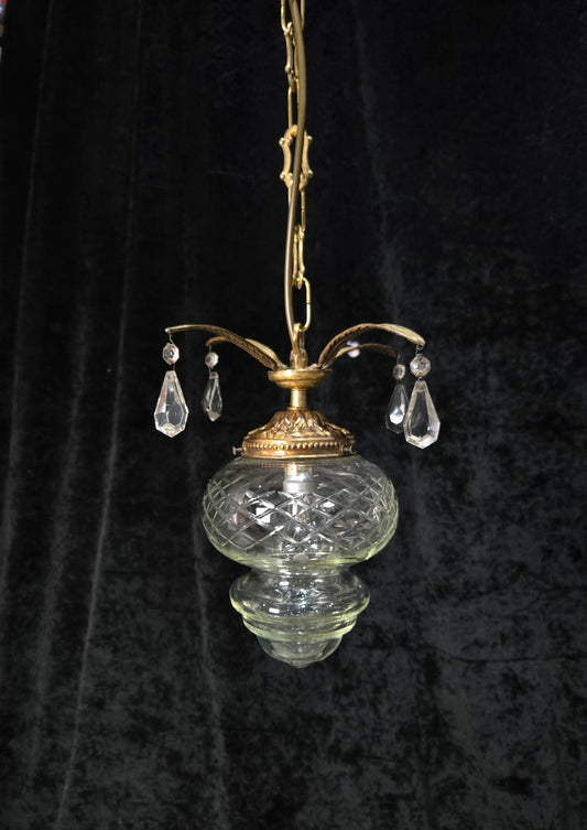 Lovely Vintage Clear Cut Glass Brass Crystal Leaf Hall Lantern Pendant Light
