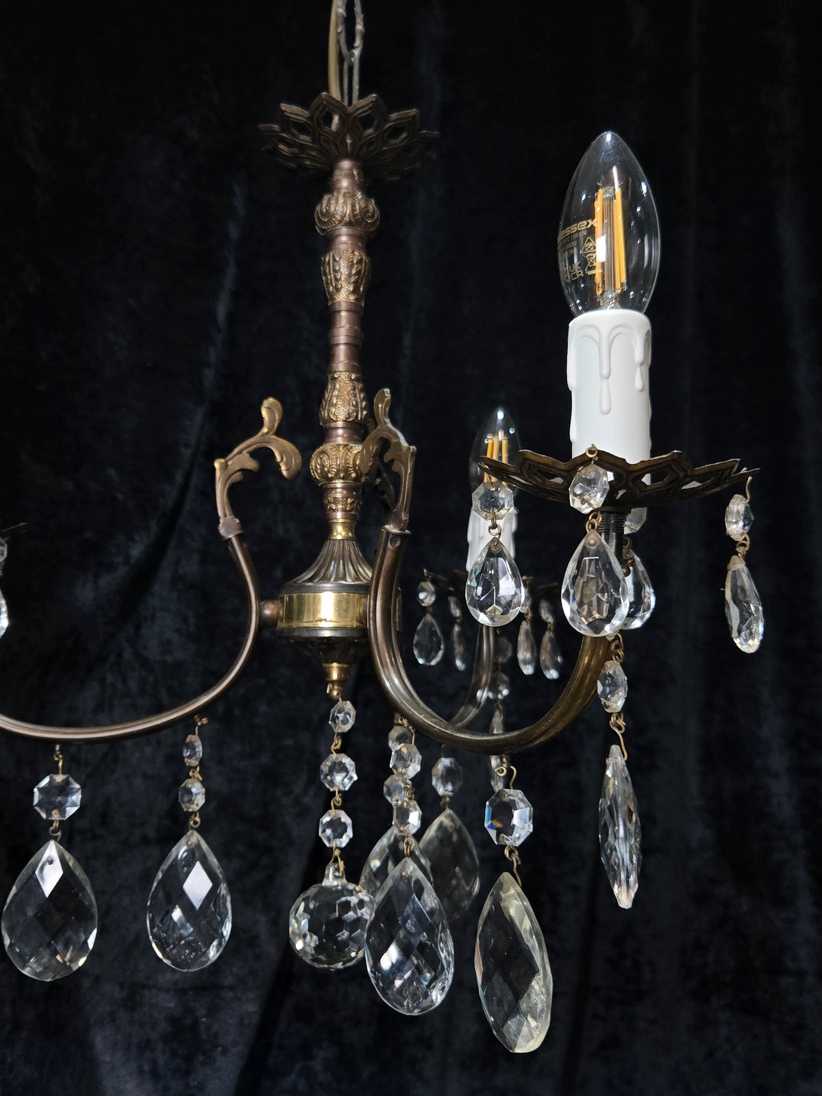 Lovely Vintage Italian 3 Arm Brass and Crystal Chandelier Ceiling Light