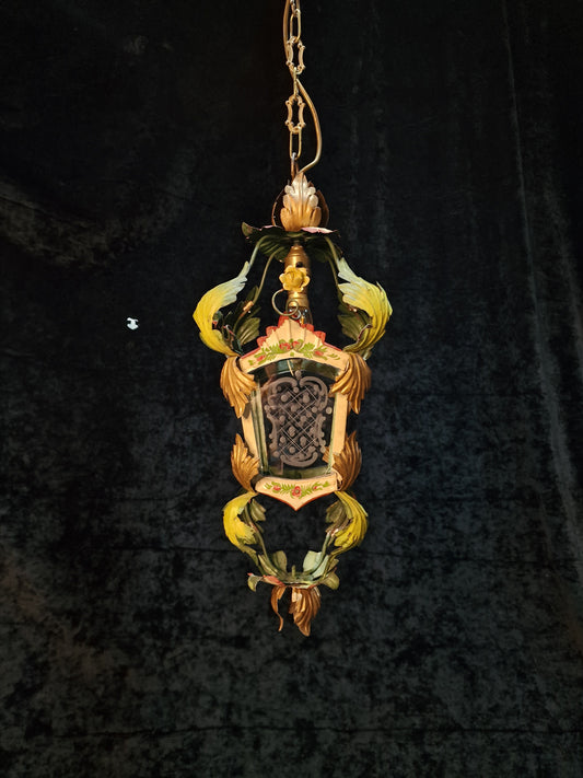 Florentine Vintage Italian Hand Painted Toleware Iron Lantern Ceiling Light