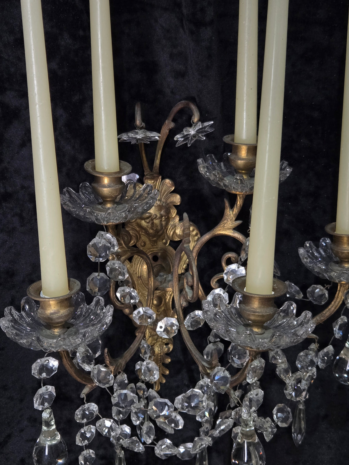 Rare Large Pair 1800s Antique Original Porteiux France Brass Candle Wall Lights