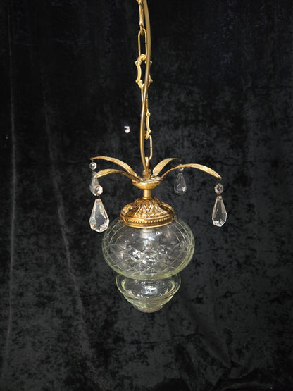 Lovely Vintage Clear Cut Glass Brass Crystal Leaf Hall Lantern Pendant Light