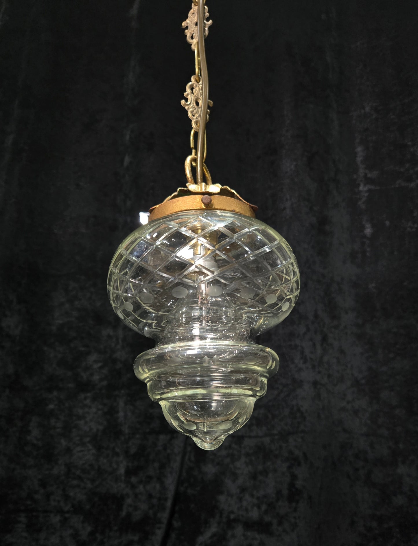 Lovely Vintage Clear Cut Glass Brass Hall Lantern Pendant Light