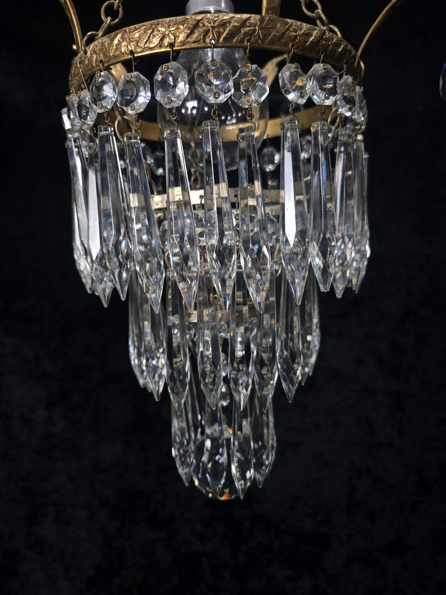 Beautiful Antique French Crystal Waterfall Brass Leaf Chandelier Ceiling Light
