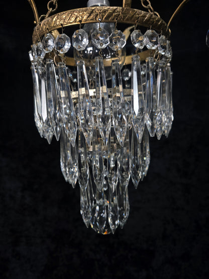 Beautiful Antique French Crystal Waterfall Brass Leaf Chandelier Ceiling Light
