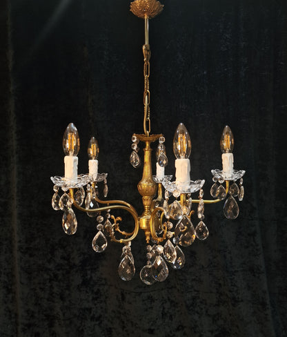 Lovely Vintage French 5 Arm Brass and Crystal Leaf Chandelier Ceiling Light
