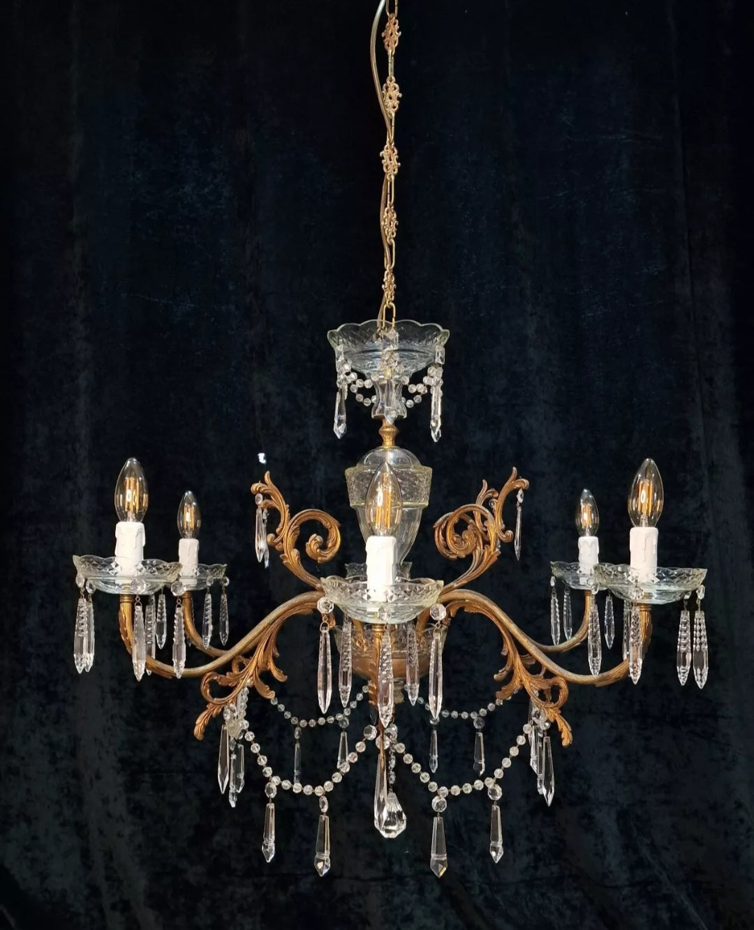 Stunning Large Vintage Italian 6 Arm Brass Crystal and Glass Chandelier Light