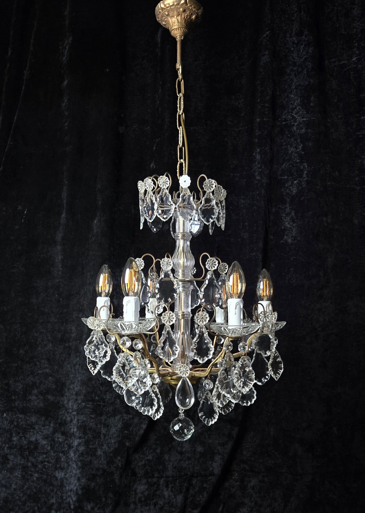 Fabulous Heavy Antique French 6 Arm Bronze Tiered Crystal Chandelier Light