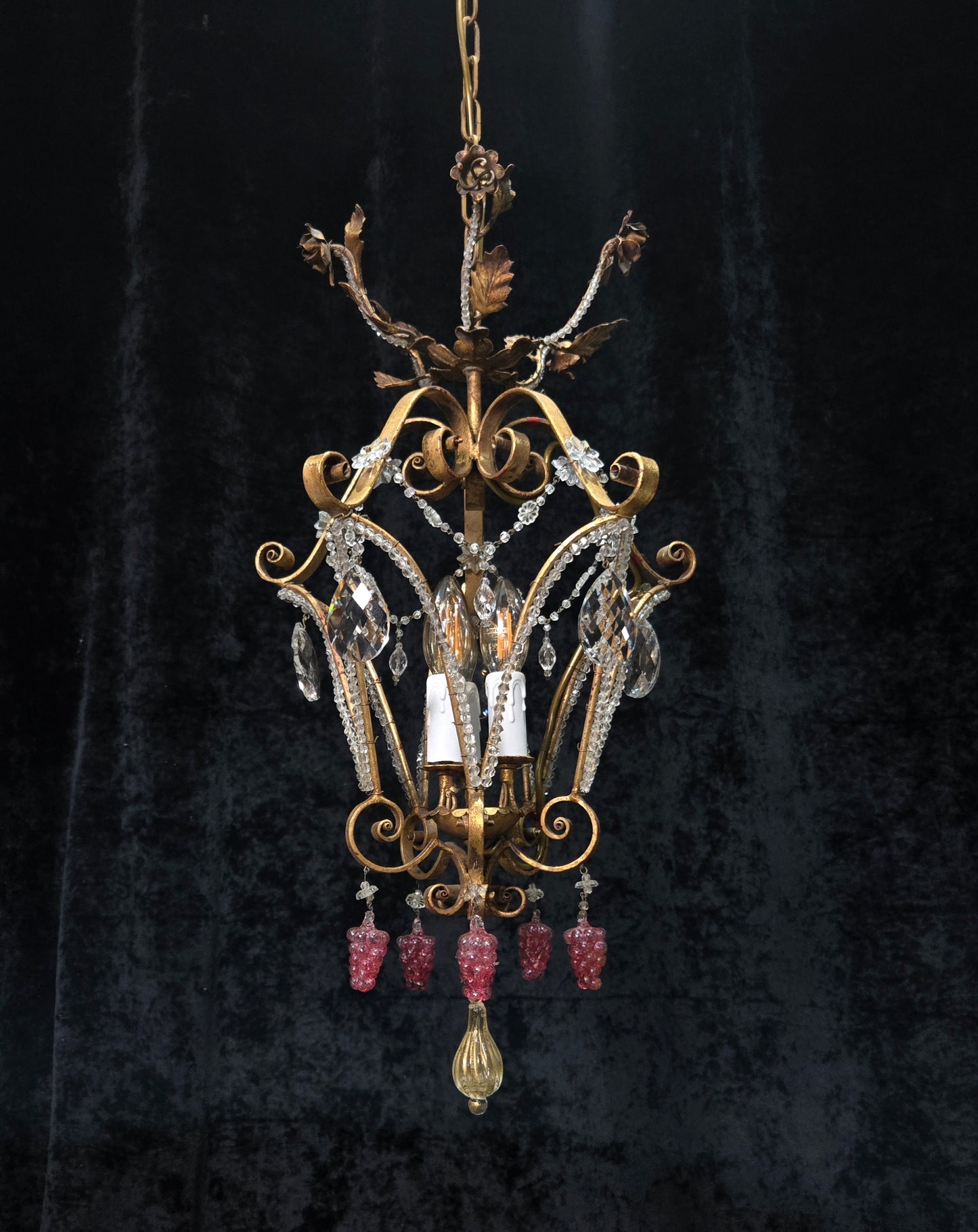 Fabulous Vintage Italian 3 Arm Caged Florentine Flower Crystal Chandelier Light