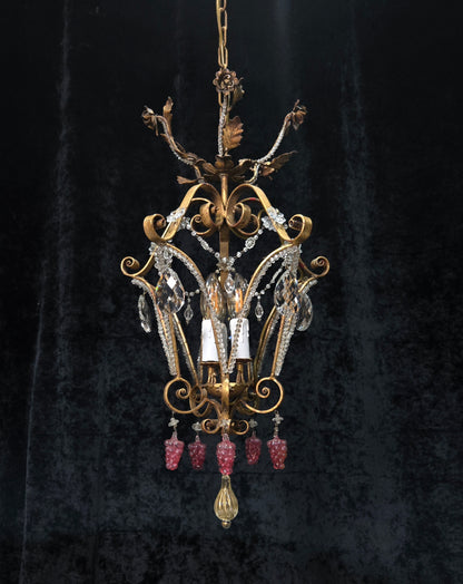 Fabulous Vintage Italian 3 Arm Caged Florentine Flower Crystal Chandelier Light