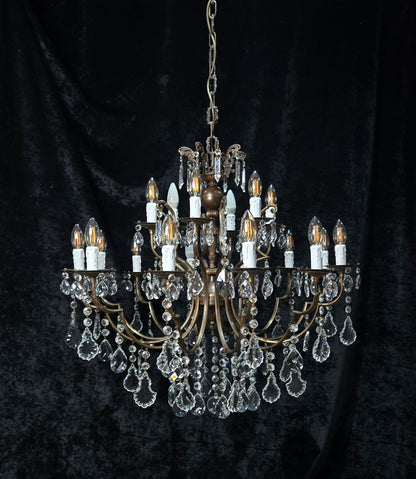 Fabulous Large Vintage Italian 12 Arm 18 Light Brass Crystal Leaf Chandelier