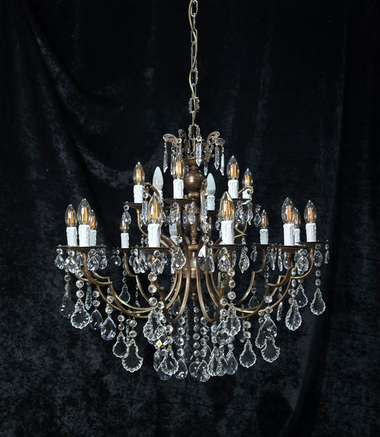 Fabulous Large Vintage Italian 12 Arm 18 Light Brass Crystal Leaf Chandelier