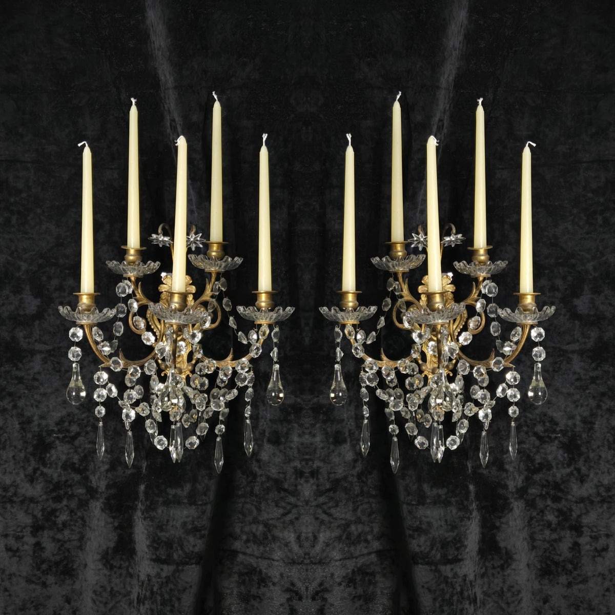 Rare Large Pair 1800s Antique Original Porteiux France Brass Candle Wall Lights