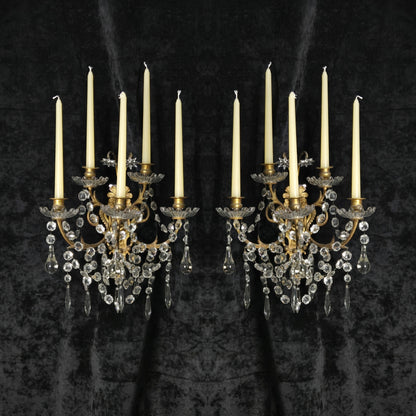 Rare Large Pair 1800s Antique Original Porteiux France Brass Candle Wall Lights