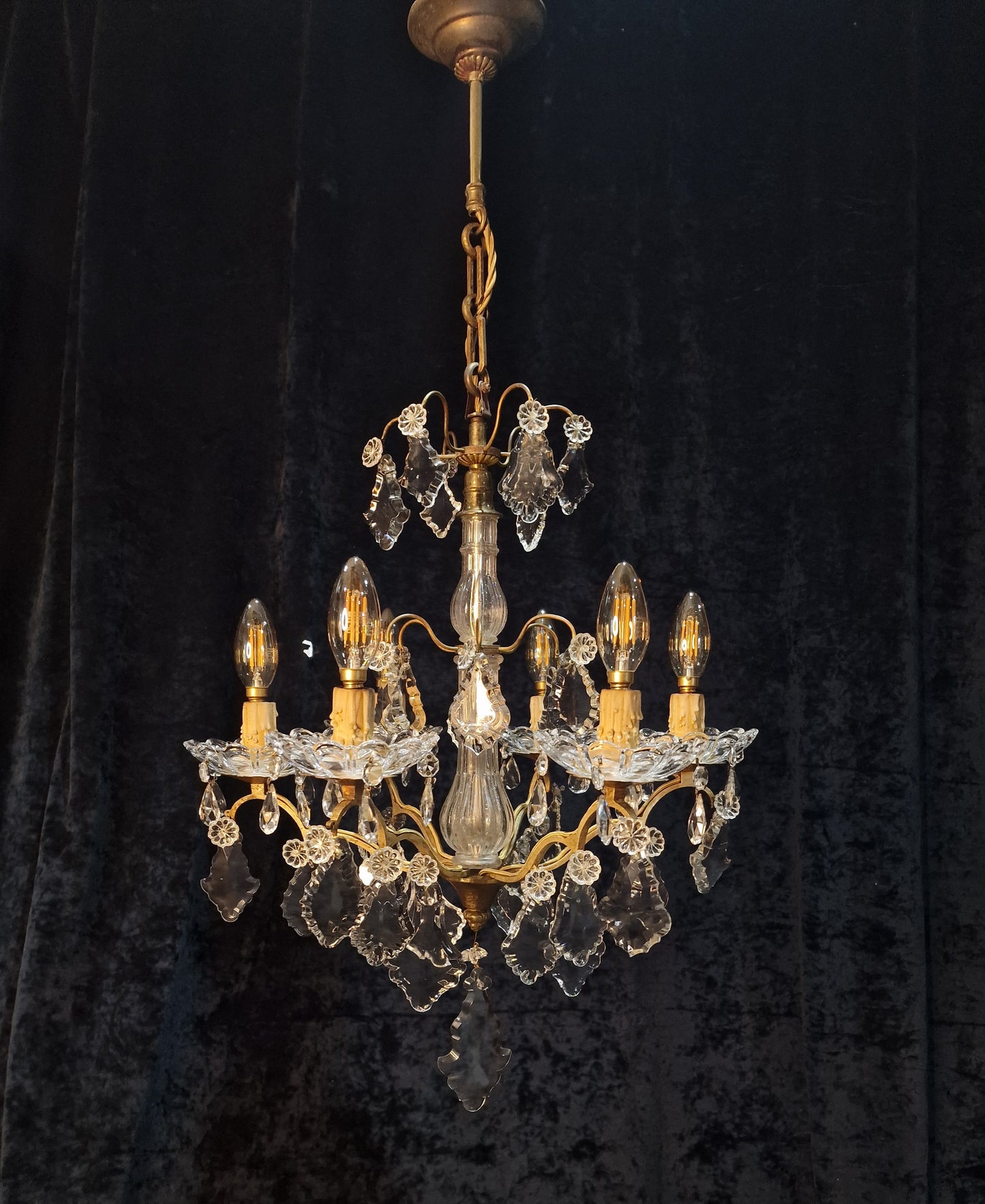 Gorgeous Antique French 6 Arm 2 Tier Brass and Crystal Chandelier Ceiling Light
