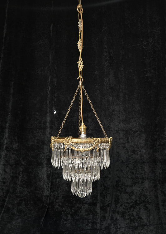 Fabulous Antique French Empire Style Brass Crystal Bows Chandelier Ceiling Light