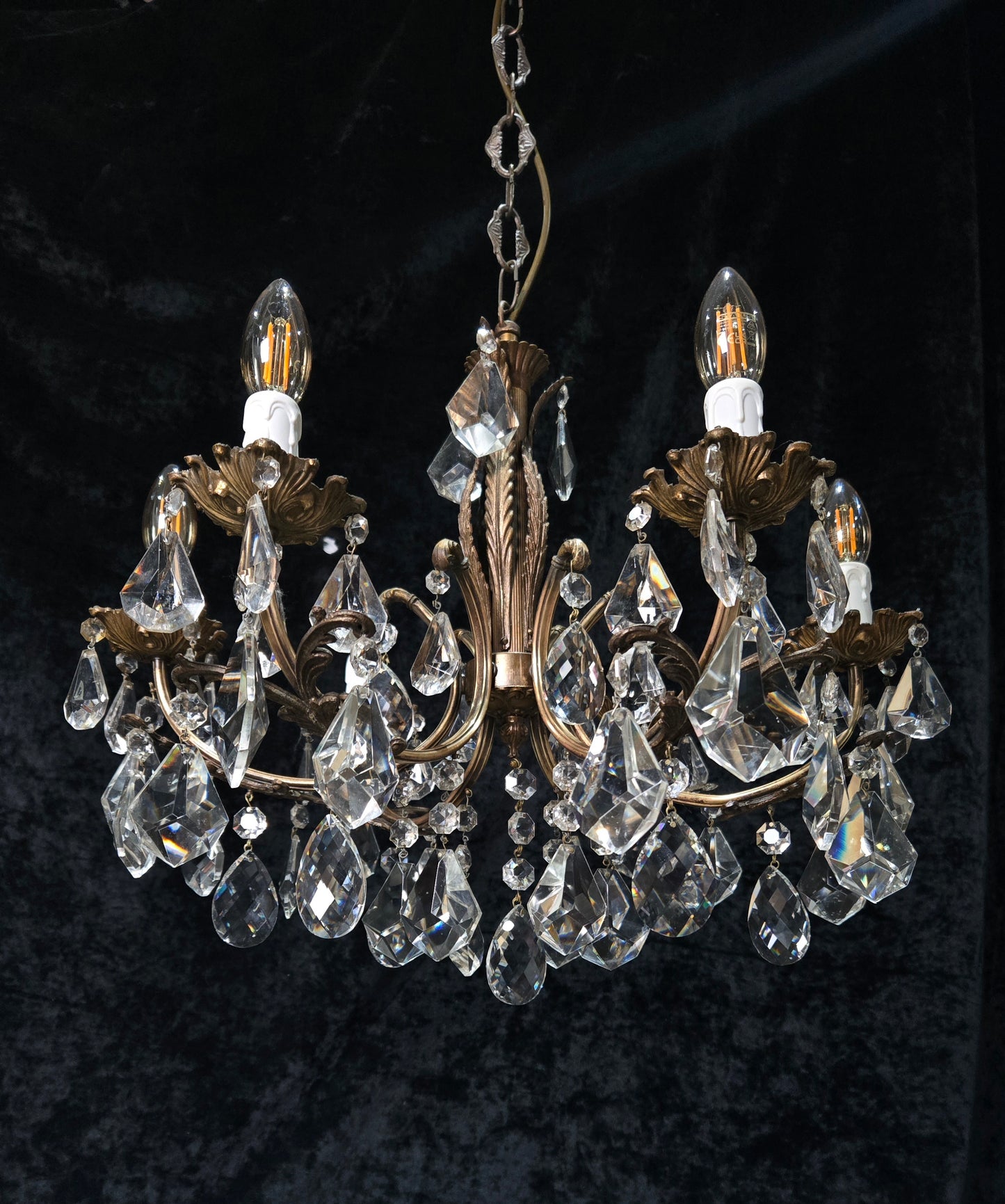 Fabulous Heavy Vintage Italian 6 Arm Leaf Crystal Chandelier Ceiling Light