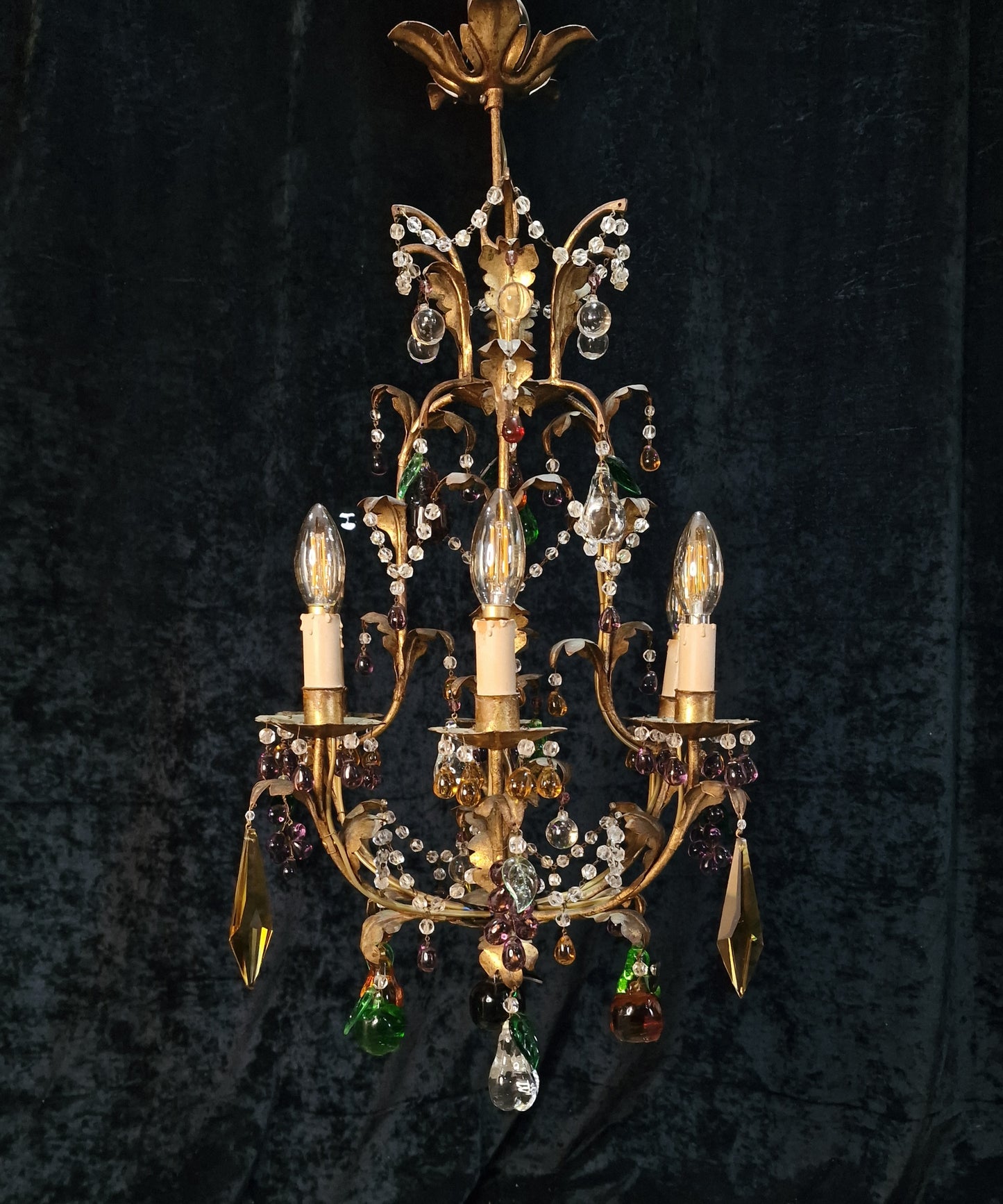 Fabulous Vintage Italian 6 Arm Caged Tole Murano Fruits Chandelier Light