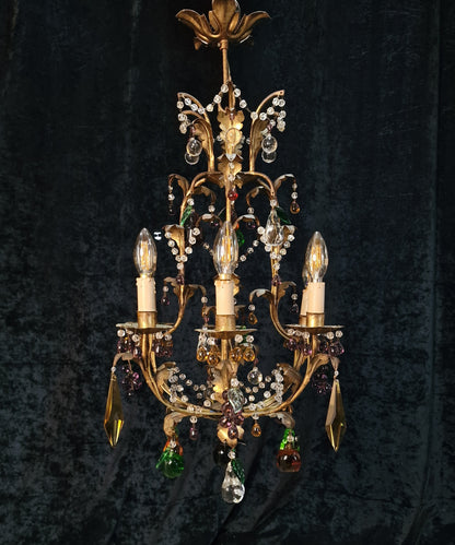 Fabulous Vintage Italian 6 Arm Caged Tole Murano Fruits Chandelier Light