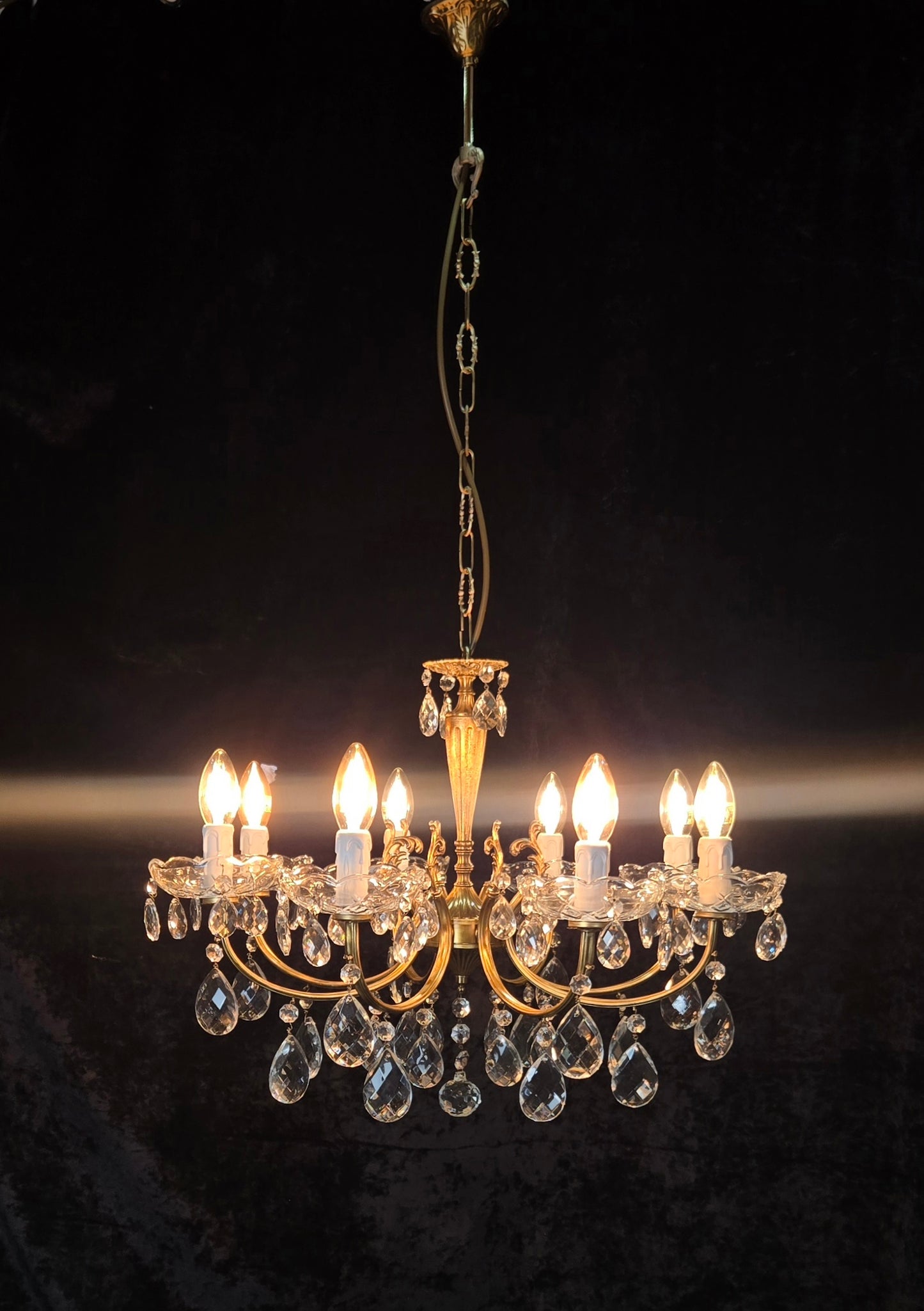 Beautiful Vintage Italian 8 Arm Brass Glass Crystal Chandelier Ceiling Light