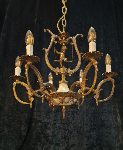 Fabulous Vintage Spanish Heavy Gilded Spelter 6 Arm Cherub Chandelier Light