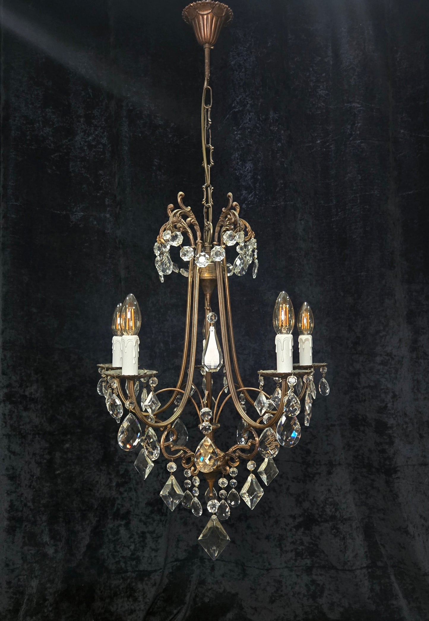 Beautiful Vintage Italian 5 Arm Brass Crystal Cage Chandelier Ceiling Light