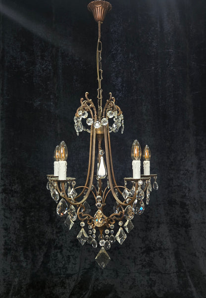 Beautiful Vintage Italian 5 Arm Brass Crystal Cage Chandelier Ceiling Light