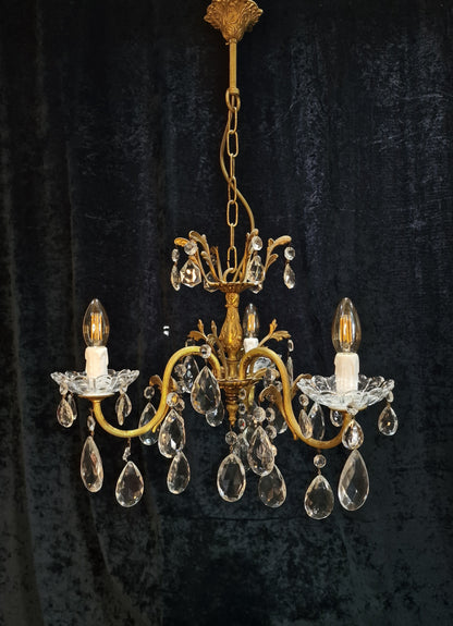 Beautiful Antique French 3 Arm Crystal Brass Leaf Chandelier Ceiling Light