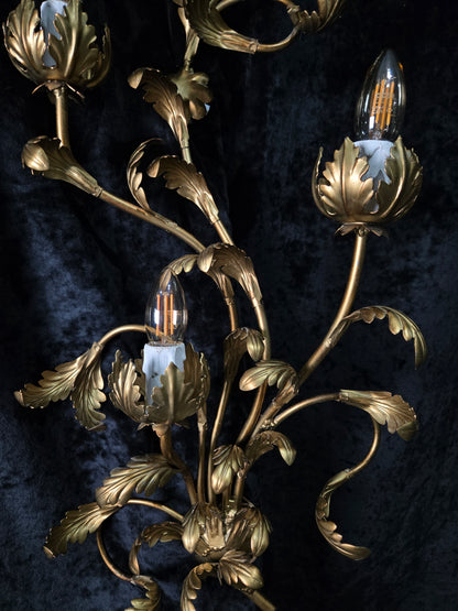 Beautiful Large Vintage Italian 3 Light Gilded Toleware Florentine Sconce Light