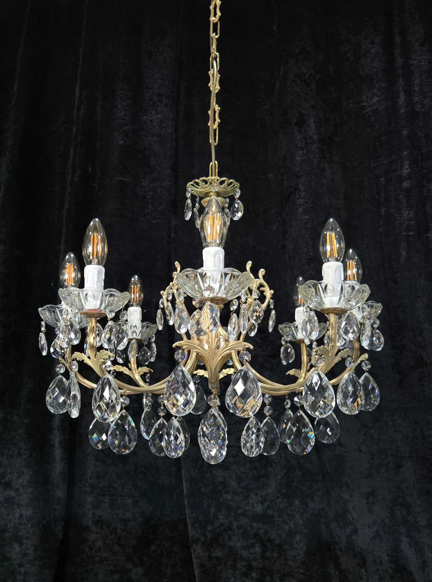 Elegant Vintage Italian 8 Arm Brass Crystal Leaf Chandelier Ceiling Light
