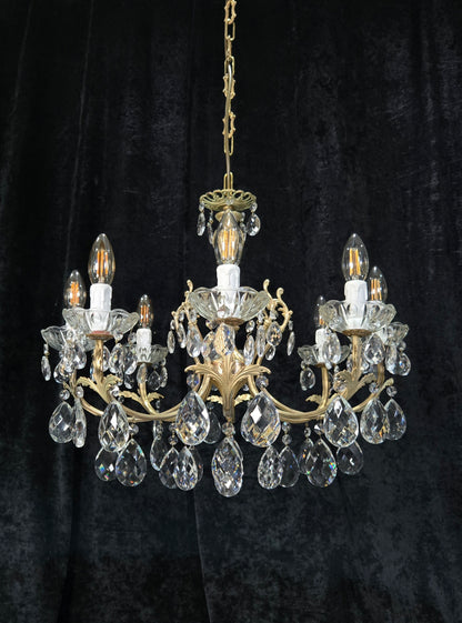 Elegant Vintage Italian 8 Arm Brass Crystal Leaf Chandelier Ceiling Light