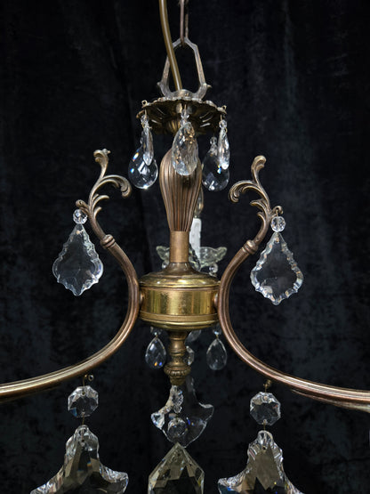 Lovely Vintage Italian 3 Arm Brass Foliage Crystal Chandelier Ceiling Light