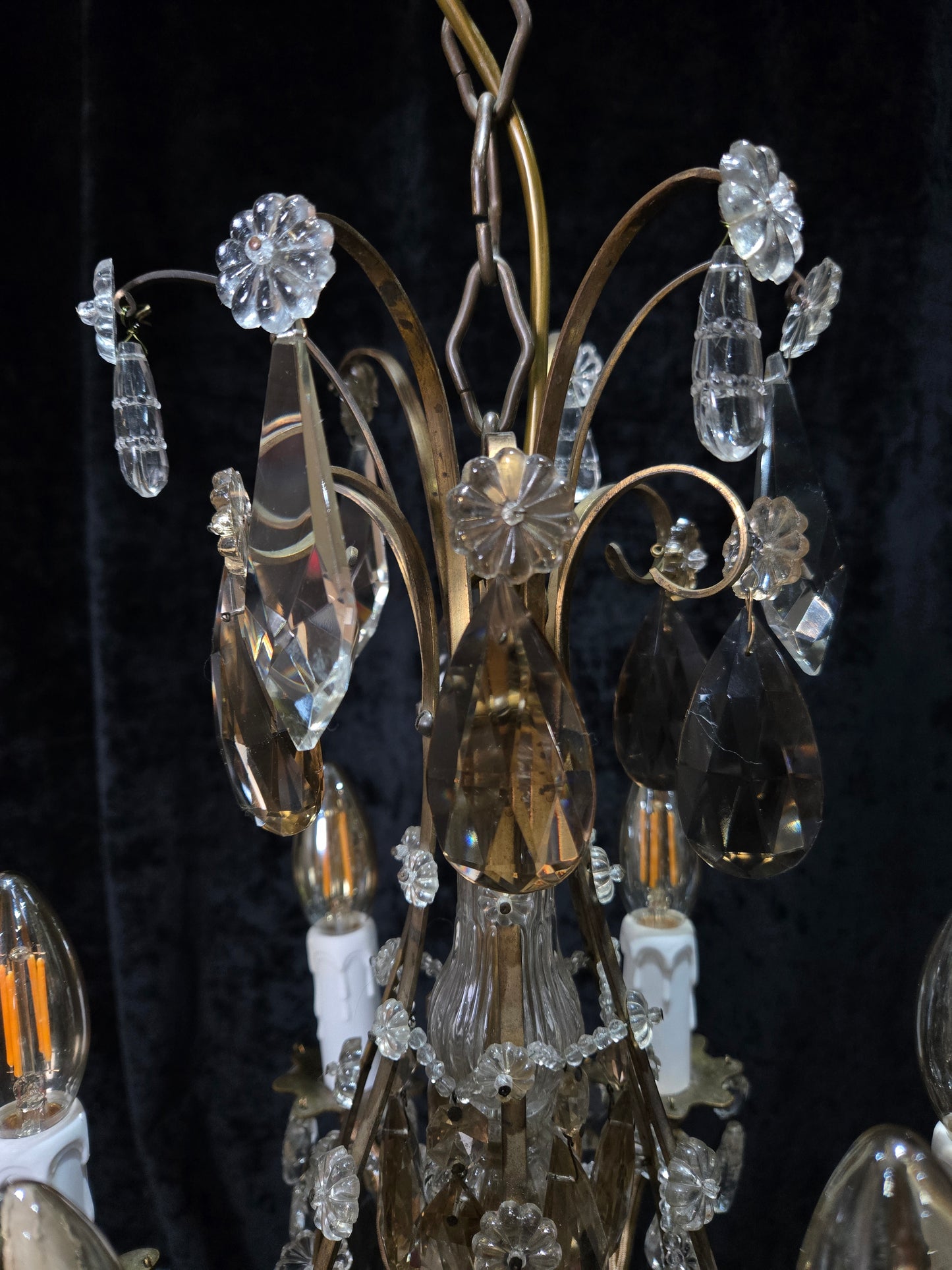 Beautiful Antique Italian 6 Arm Brass Crystal Cage Chandelier Ceiling Light