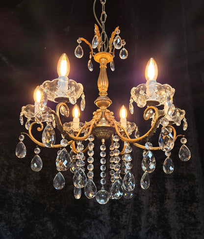 Gorgeous Heavy Vintage Italian 6 Arm Brass Leaf Crystal Chandelier Ceiling Light