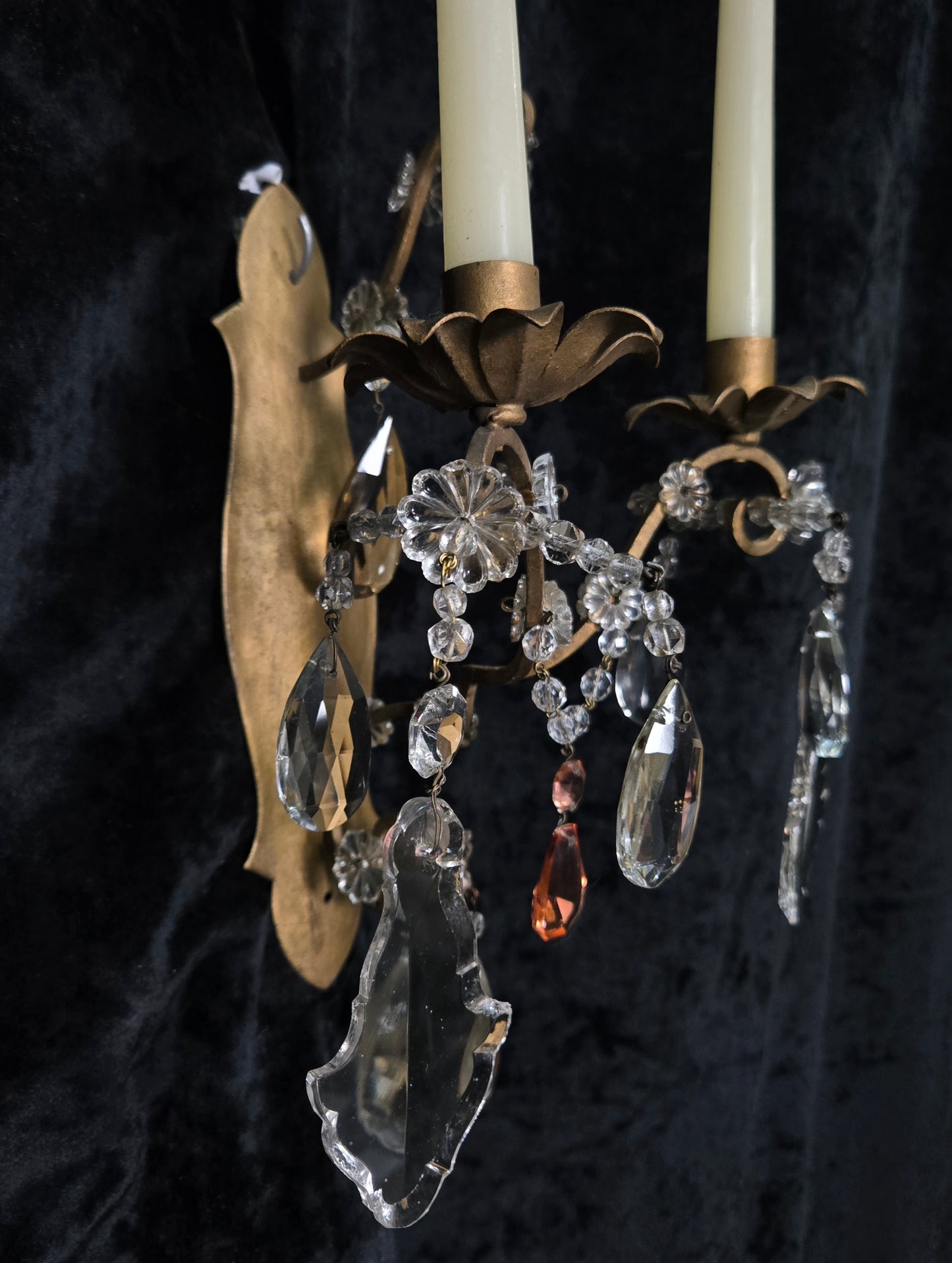 Fabulous Pair Vintage Italian 2 Arm Gilded Wrought Iron Crystal Candle Sconces