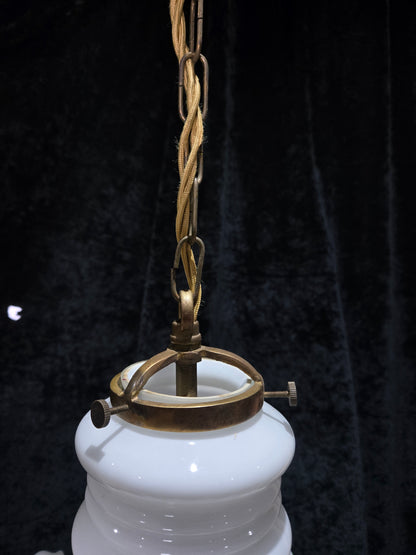 Fabulous Antique French Large Opaline Glass Shade Green Edging Brass Light
