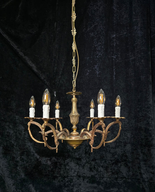 Decorative Vintage Spelter and Brass 6 Arm Decorative Chandelier Ceiling Light